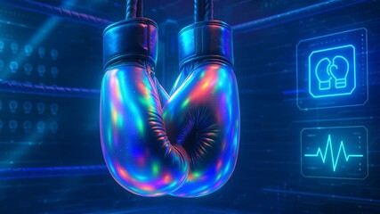 Colorful Boxing Gloves Hanging with Digital Sports Icons Representing AI Training System and Futuristic Boxing Analytics Interface
- Powered by Adobe