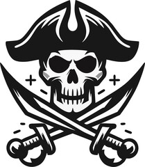 Bold Pirate Skull Vector Logo with Crossed Cutlasses and Tricorn Hat – Black and White Vintage Emblem for Tattoo or Biker Design