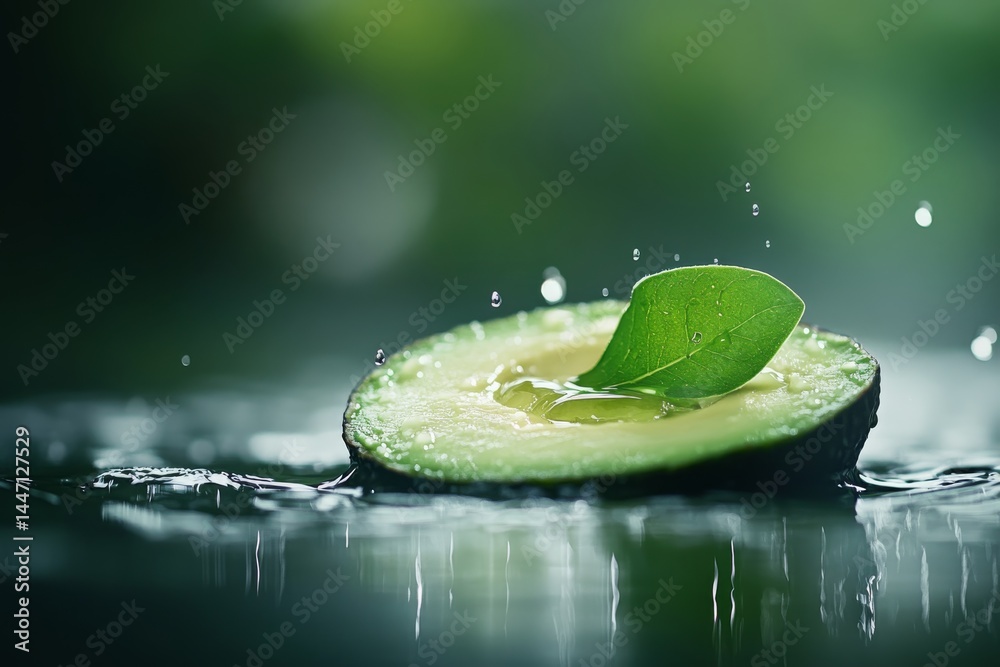 Poster close-up view of a creamy avocado slice adorned with water droplets reflecting light, showcasing a r