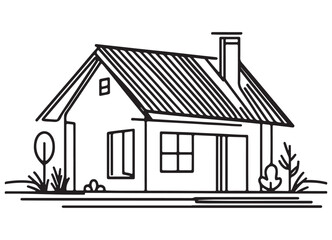 Simple line drawing illustration house with roof sketch and chimney