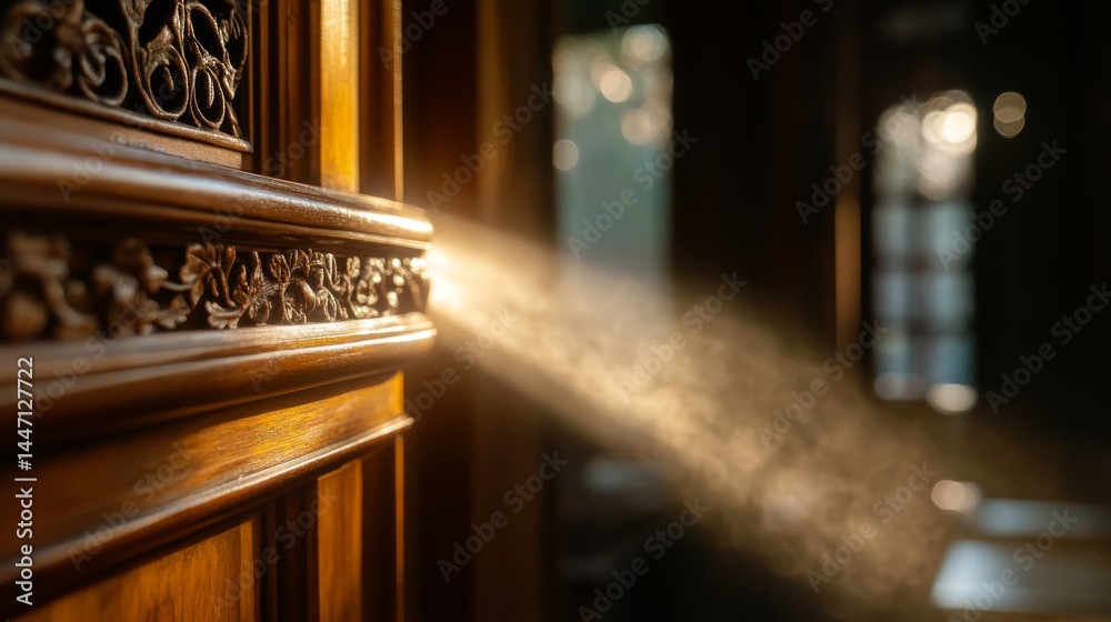 Aufkleber Light streams through an ornate antique keyhole, showcasing detailed carvings on a dark wooden door while adding depth and intrigue to the surrounding space