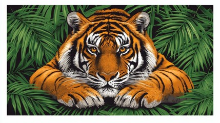 Intricate tiger portrait amid lush greenery featuring bold line art and vibrant color palette creating a majestic and wild aesthetic art