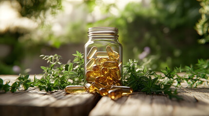 A clear glass bottle containing golden gel capsules sits on a weathered wooden surface surrounded by small green plants.