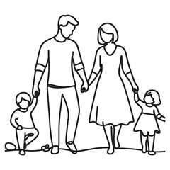 Family Walking Holding Hands Continuous Line Art Illustration Concept