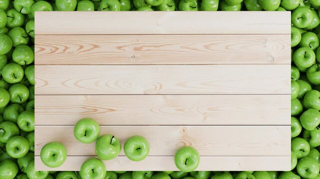 Green apples. Vitamins. Summer, spring video background. Fruits. Wooden board for your design appears from under the apples. Fruit advertising. Apple design.