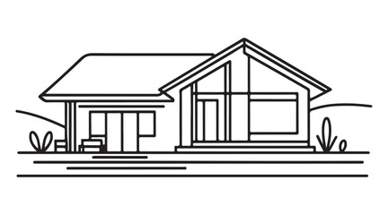 Modern House One Line Vector Drawing with Landscape Detail
