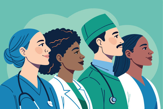Diverse healthcare team of doctors and nurses collaborating, showcasing inclusivity and teamwork in a modern hospital setting.