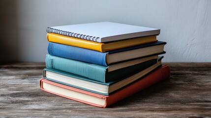 Vintage Books and Spiral Notebook Stacked on Distressed Wooden Surface, Perfect for Education and Knowledge Concept Imagery