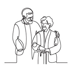 Caring Senior Couple Silhouette Continuous Line Art Style Illustration