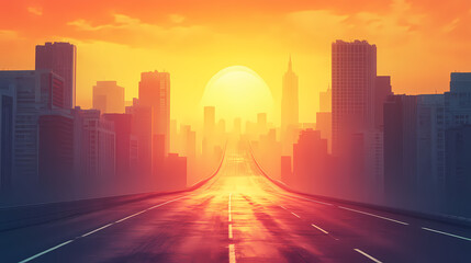 Sunrise cityscape road asphalt highway leads to bright sunrise in a metropolis. [Dream Architectures] | Gravity Spiral | twisted palace. Illustration