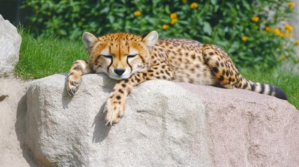 Tranquil cheetah napping on a boulder in warm sunlight a spotted feline rests peacefully against nature's backdrop its soft fur dappled by light