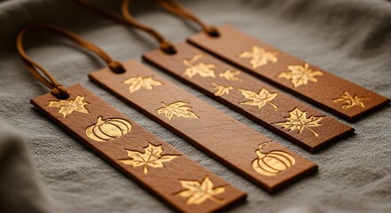 Autumnal bookmarks: handcrafted leather with embossed pumpkin and maple leaf designs