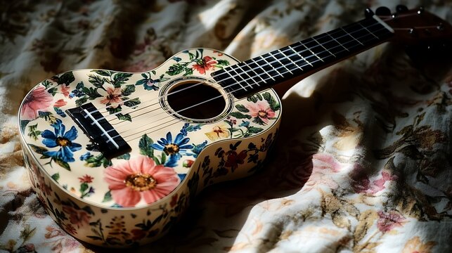 Ornate ukulele with floral decorations on a bedspread. - Powered by Adobe