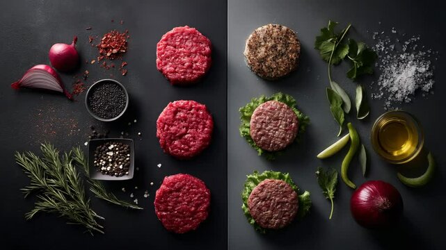 Overhead shot of raw beef and veggie burger patties arranged on a dark surface with various seasonings and fresh herbs. A culinary flatlay showcasing preparation ingredients.