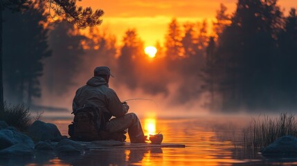 Solitary Fisherman at Sunrise: A Serene Fishing Scene