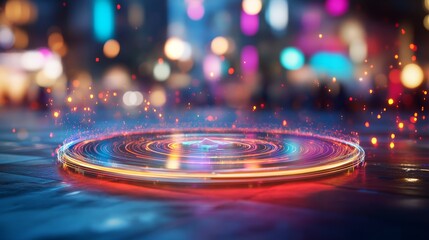 A medium close-up highlights a holographic interface with a rotating 3D shape, surrounded by glowing fractal particles, set against a vibrant neon background