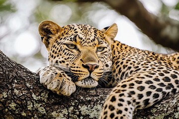 Naklejka premium Leopard Resting On Tree Branch In Natural Wildlife Habitat