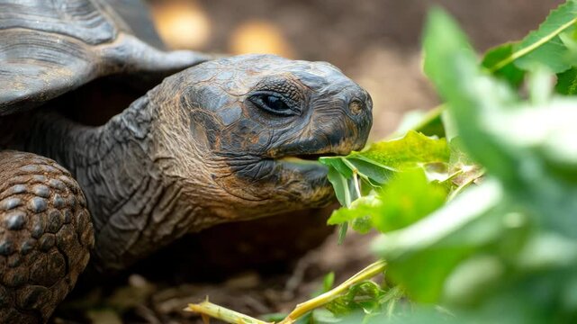 A close-up of a tortoise eating leaves, showcasing its distinctive shell and face while surrounded by lush greenery. A serene moment in nature that highlights wildlife.