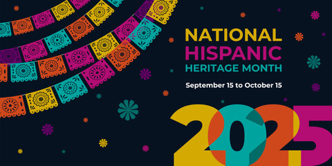 Hispanic heritage month 2025. Vector web banner, poster, card for social media, networks. Greeting with national Hispanic heritage month text, ornament on black background. Logo 2025.