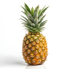 Fototapeta premium A whole fresh pineapple, with a green, spiky crown and a textured golden-brown skin, showcasing its tropical appearance and vibrant color.