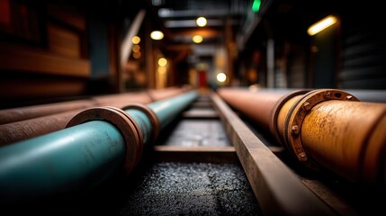 Industrial industrial pipes running through factory corridor