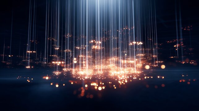 Floating code particles assembling startup sequence in virtual air overlay cut out on isolated transparent removed background