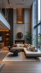 Modern, spacious living room with high ceilings and floor-to-ceiling windows