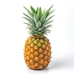 Obraz premium A whole fresh pineapple, with a green, spiky crown and a textured golden-brown skin, showcasing its tropical appearance and vibrant color.