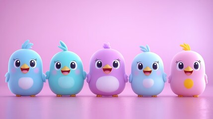 Adorable cartoon birds with big eyes on pastel background digital illustration whimsical avian characters avian friends cute bird flock