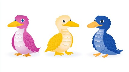 Fototapeta premium Three Pixelated Ducks in a Row, Whimsical Colors and Simple Design, Ideal for Children's Illustration and Retro-Inspired Graphics for Creative Projects or Educational Resources