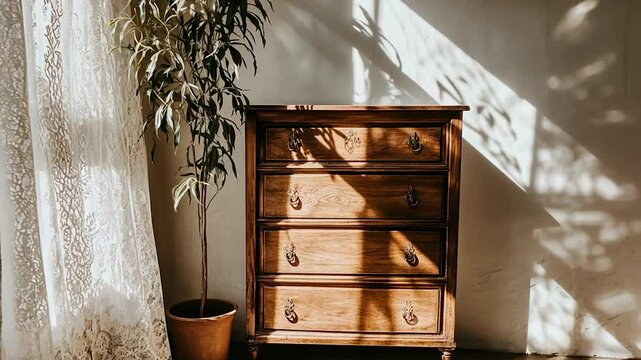 Wooden dresser with plant in sunlit room