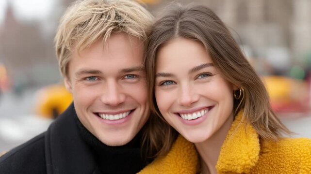 Radiant Romance: A cheerful couple shares an intimate moment, their eyes sparkling with happiness and love. Their smiles reveal the depth of their connection. Capturing pure romance and bliss.