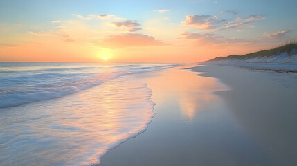 Obraz premium Tranquil beach sunset scene. Soft waves gently caress the shore as the sun dips below the horizon, casting a warm glow over the tranquil beach