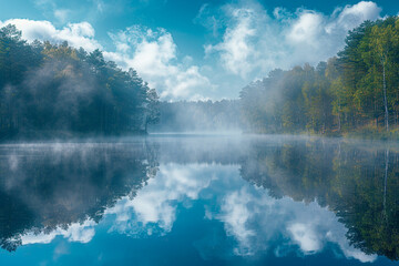 Fototapeta premium The serene beauty of a mist covered lake reflects the peaceful sky above, creating a magical connection between the elements of nature in a tranquil and enchanting scene 