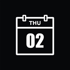 calender icon, 02 thursday icon with black background	