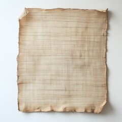 Aged, tan-colored, rectangular sheet of paper or fabric, exhibiting a slightly coarse texture and uneven edges