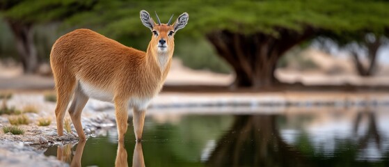 Obraz premium Alert Lechwe gazes from watery perch