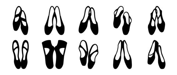Black and white silhouette drawing showing various ballet shoes types and styles