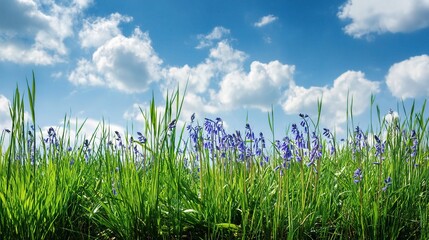 Fototapeta premium Lush Green Grass Field with Blooming Blue Flowers Under Bright Sky