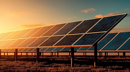 Renewable Energy Source Solar Panel Wind Turbine Concept. Solar Panels Glowing in the Sunset Over an Expansive Renewable Energy Field