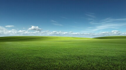 Fototapeta premium Expansive Rolling Green Fields Beneath a Bright Blue Sky