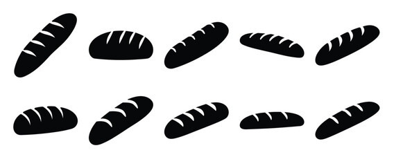 Monochrome illustration showcasing various types of bread loaves scattered across a white background