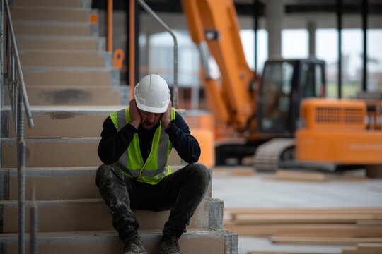 A construction worker sits on a stairwell wearing a hard hat and reflective vest, holding their head in pain against a backdrop of blurred industrial equipment