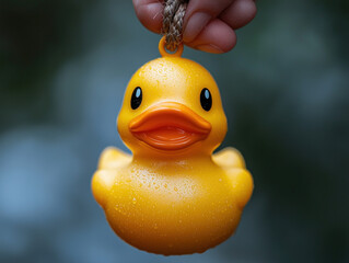 A whimsical image of a rubber duck attached to a hook, symbolizing fun and novelty