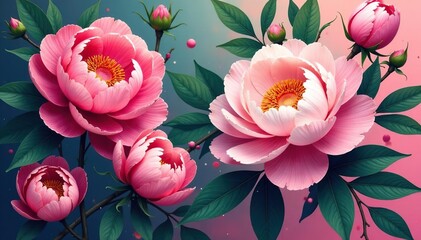 Bold stylized peonies & leaves, vibrant color palette , texture, contemporary, flowers
