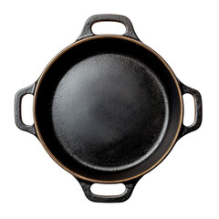 Cast iron pan top view isolated on a Transparent background showcasing its sleek and sturdy design, Pan top view isolated on PNG background