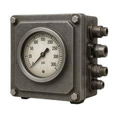Precise industrial pressure gauge for psi measurement, robustly housed in a durable metal box with multiple ports.