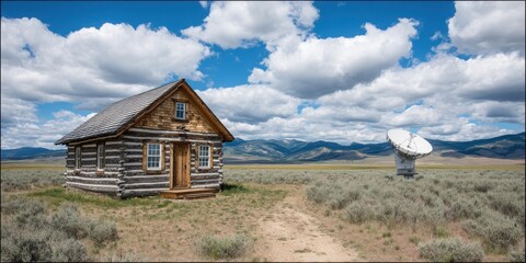 Renewable Energy Source Solar Panel Wind Turbine Concept. Rustic wooden cabin near satellite dish in a wide open landscape under a cloudy sky