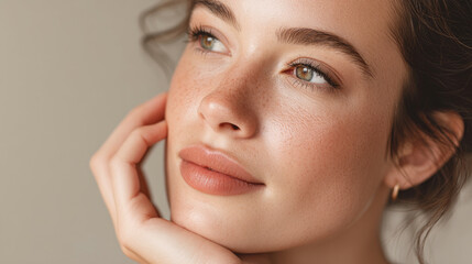 A young woman with a healthy, radiant complexion.  Her expression is thoughtful and her makeup is subtle.  Natural beauty