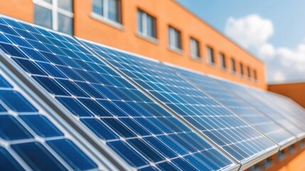 Obraz premium Renewable Energy Source Solar Panel Wind Turbine Concept. Solar Panels on Building Roof with Clear Sky in Background Featuring Modern Sustainable Energy Solutions
